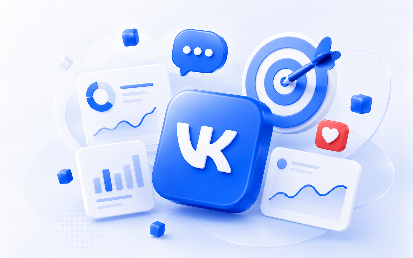 3D-иллюстрация VK Ads с кубом, мишенью и аналитикой
